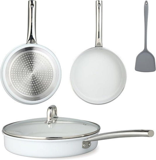 5Pcs Nonstick Cookware Set, Aluminum Nonstick Pots and Pans with Glass Lids, All Stovetops Compatible, Non-toxic Healthy Kitchen Cooking Sets, PFAS and PFOA Free