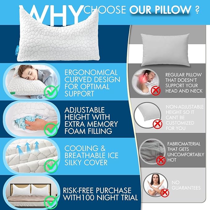Side Sleeper Pillow for Adults, King Size Cooling Pillow for Neck and Shoulder Pain Relief, Adjustable Firm Soft Shredded Memory Foam Pillows for Side Back Stomach Sleepers, Bed Pillows for Sleeping