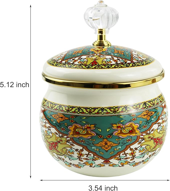 Floral Enamel Sugar Bowl Gold Ethnic Seasoning Jar Vintage Tea Canister Spice Box Retro Coffee Candy Storage Pot Bohemian Salt Container Jar for Home Kitchen Decor