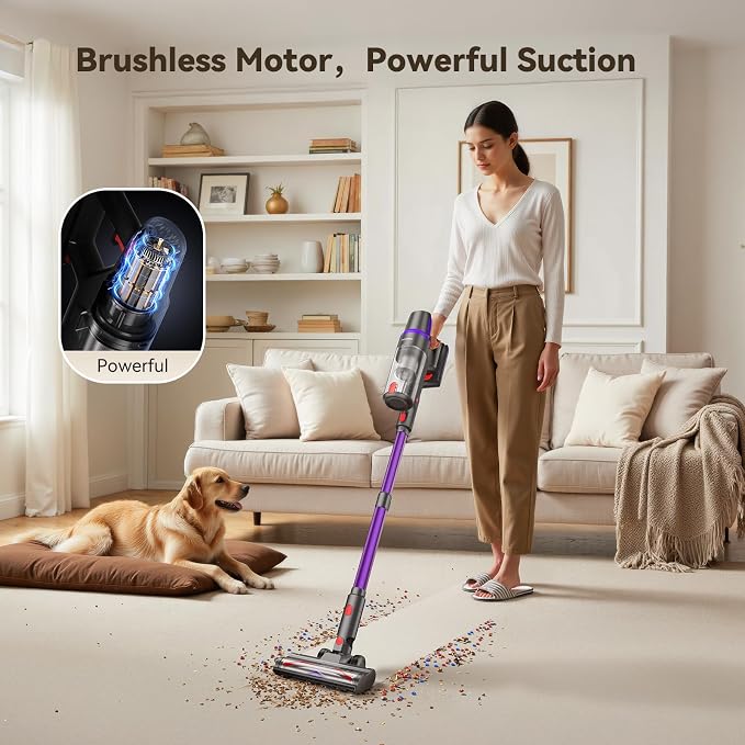 TechRise Cordless Vacuum Cleaner for Home, 550W 45KPa for Pet Hair & Floor | Up to 60 Min Runtime, HEPA Filter, Self-Standing Design, Anti-Tangle Brush & LED Light for Carpets and Hard Floor Cleaning