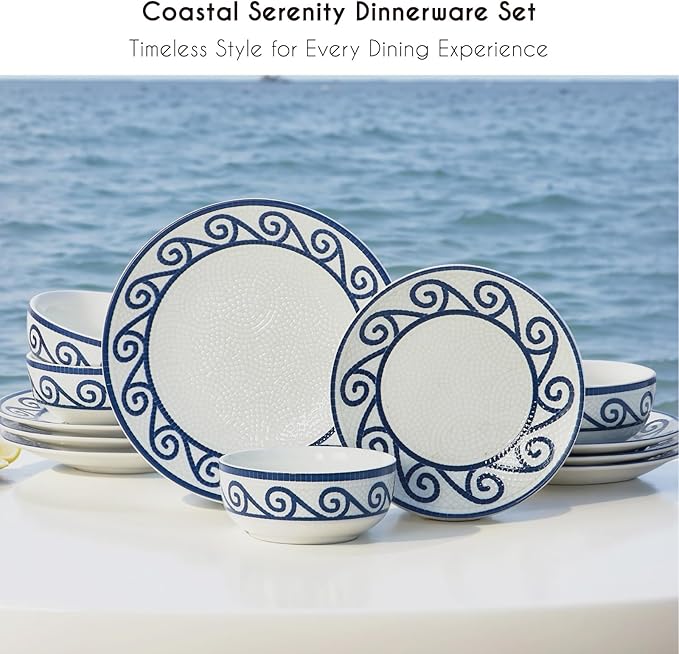 12-Piece Dinnerware Set for 4, Stoneware Kitchen Plates & Bowls Set, Coastal Dinnerware Sets, Microwave & Dishwasher Safe Scratch Resistant, Vintage Dishware Set for Everyday Use & Family Meals