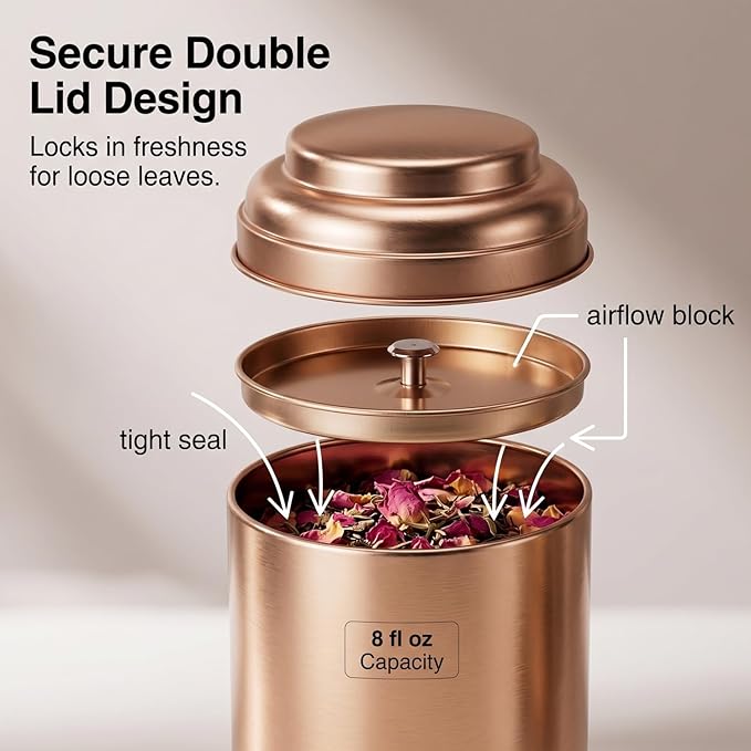 QWORK Tea Tin Canisters with Airtight Double Lids, 8 fl oz Each, 6 Pack Metal Containers, Mini Tea Storage Containers for Loose Leaf Tea, Tea Bags, Coffee, Sugar, Spices, Rosegold
