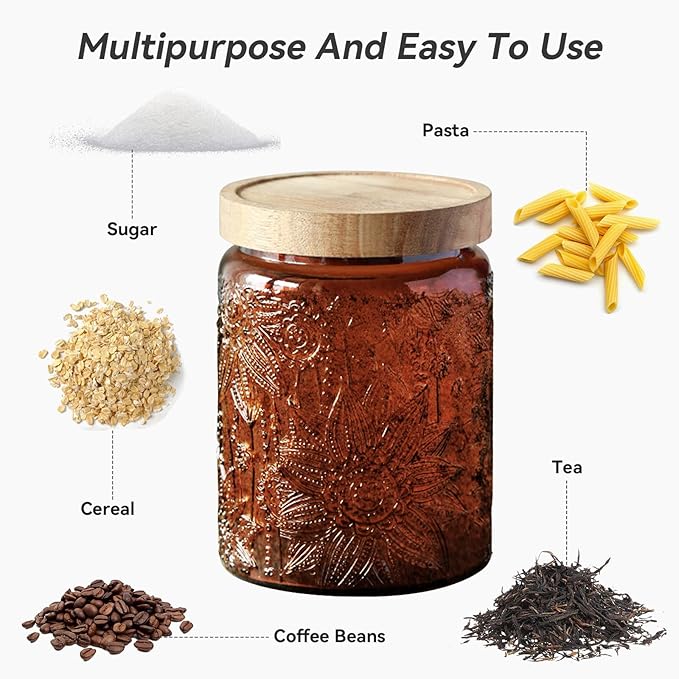 Glass Jar with Lid, Vintage Glass Storage Jars with Airtight Lid Coffee Canister Sugar Container for Kitchen Counter Pantry, Flour, Candy, Tea, Coffee Beans, Oats (Begonia Sunflower Brown)