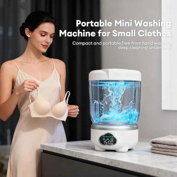 Mini Washing Machine 2025 Portable, 1.6L Compact Washer with 3000mAh Rechargeable Battery – Cordless Portable Small Washing Machine for Underwear, Baby Clothes, Socks,Ideal for Travel,Dorm,RV,Camping