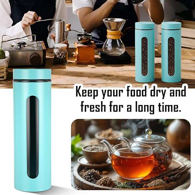 Patelai 6 Pack Kitchen Canisters Set Airtight Stainless Steel Canister Food Storage Container with Window Glass, Coffee Sugar Candy Jars Tea Organizer for Flour Cookies Spice(Turquoise,60 oz)