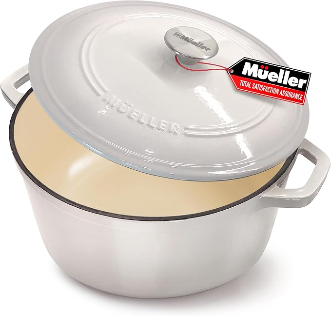MUELLER HOME 7.5 QT Enameled Cast Iron Dutch Oven, Heavy-Duty Casserole Dish and Braiser Pan with Lid and Stainless Knob, Oven-Safe up to 500° F & Across All Cooktops, Oyster White | Heavy-Duty Casserole Dish and Braiser Pan, Lid with Stainless Knob, O...