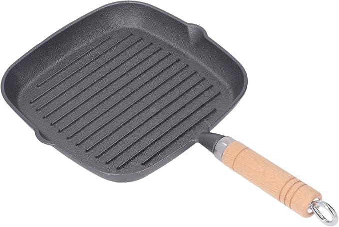 Cast Iron Square Grill Pan,Nonstick Grill Pan,Multipurpose Prevents Stick Quadrate Cast Iron Steak Pan with Detachable Wooden Handle for Bacon Steak Onion