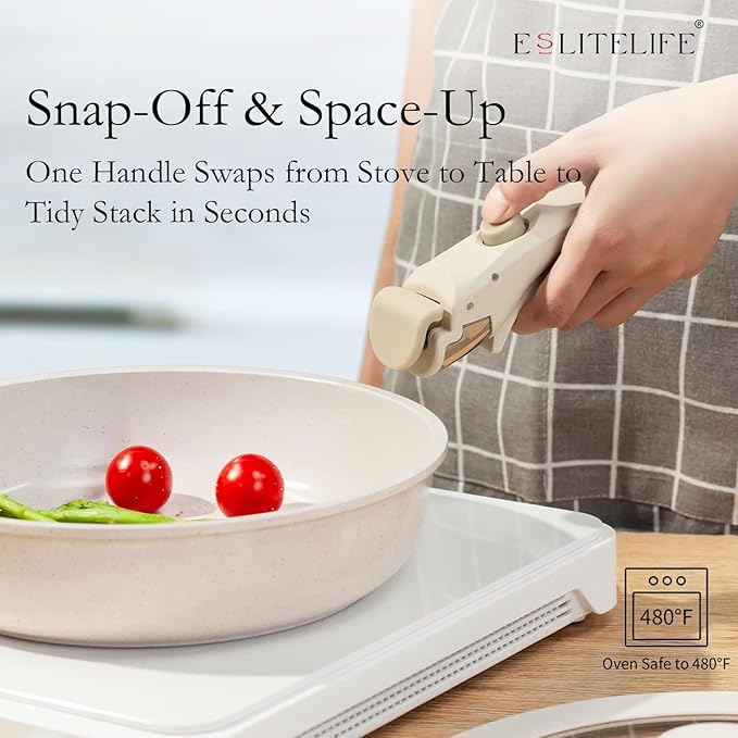 ESLITE LIFE Nonstick Ceramic Frying Pans Skillets Set with Lids & Detachable Handle, Non-Toxic Egg Omelette Kitchen Cooking Pans Compatible with All Stovetops, PTFE & PFOA Free, White, 7-Piece