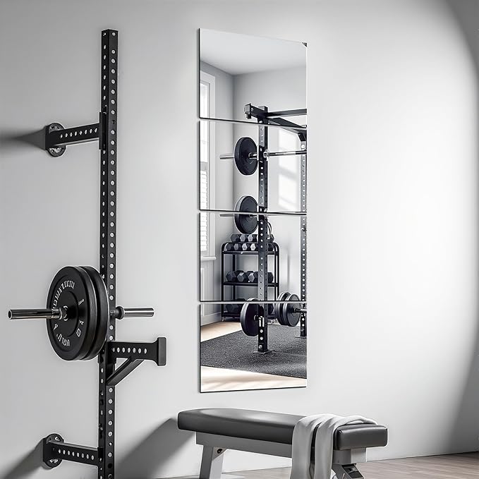 Delma Frameless Mirror Tiles 12"x10"x4 Pcs Wall Mounted | Shatter Resistant, Full Length, Tempered Glass Panels, For Home Gym Bathroom Bedroom & Living Room Decor