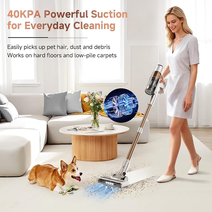 Cordless Vacuum Cleaner:Portable 6-in-1 Stick Vacuum with Anti-Tangle Brush | LED Headlight, Self-Standing, HD Display, Rechargeable Vacuum for Pet Hair, Low-Pile Carpet and Hardwood Floor-Off White