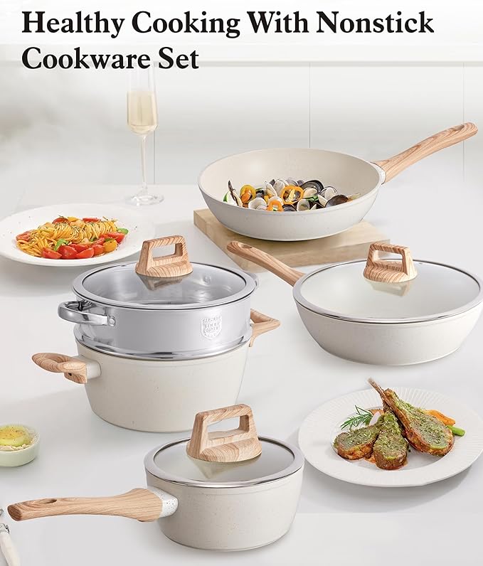 12-Piece Beige Granite Cookware Set, Nonstick Ceramic Pots and Pans Set with Frying Pans & Saucepans, Non-Toxic PFOS/PFOA Free, Induction Compatible with Wood Grain Soft-Touch Handles