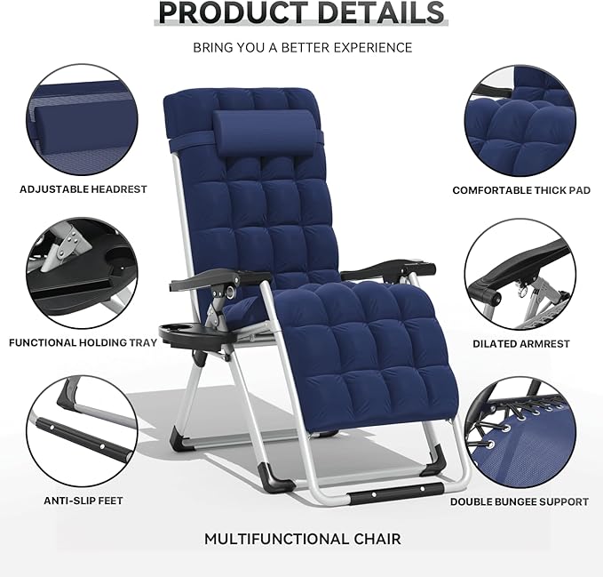 Zero Gravity Chair, Portable Outdoor Chair, Reclining Patio Lounge Chair with Adjustable Pillow and Cup Holder Trays for Outdoor, Patio, Beach, Camping, Garden, Poolside, Blue