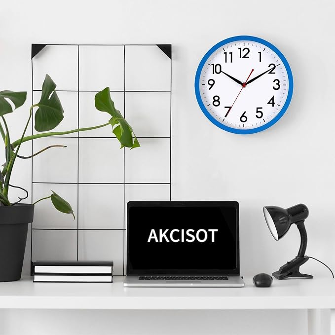 AKCISOT 12 Inch Wall Clock, Battery Operated Analog Clock, Silent Non-Ticking, Ideal for Bedroom, Bathroom, Kitchen, Office and School, Blue