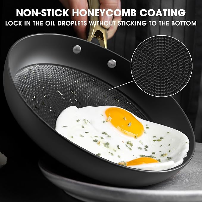imarku Non Stick Frying Pans, 10 & 12 Inch Cast Iron Skillets with Lids, Frying Pan Set with Honeycomb Texture, Oven Safe & Induction Available, Best Gifts
