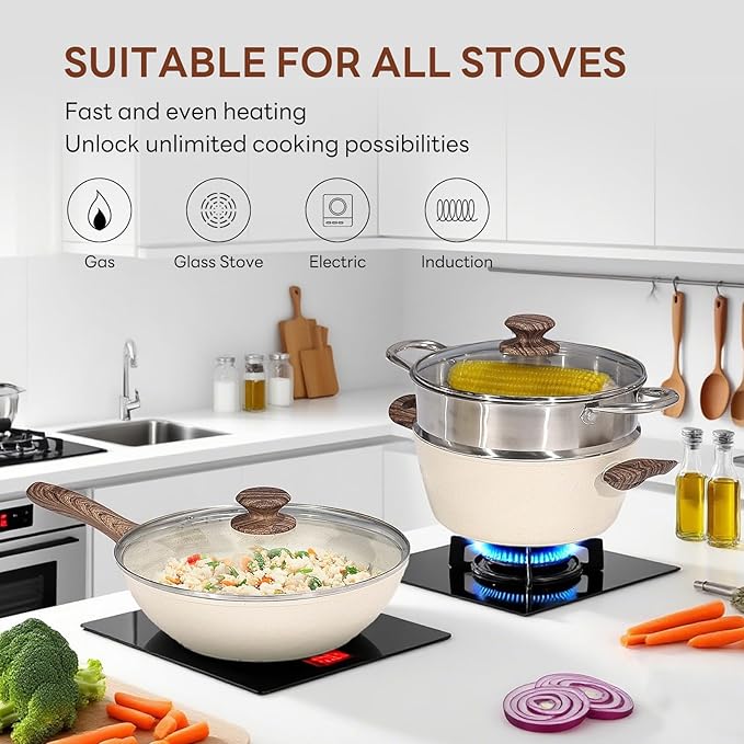 DUMOS 17 Pcs Pots and Pans Set, Nonstick Kitchen Cookware Set, Induction Cooking Sets with Stay-Cool Handles, Beige