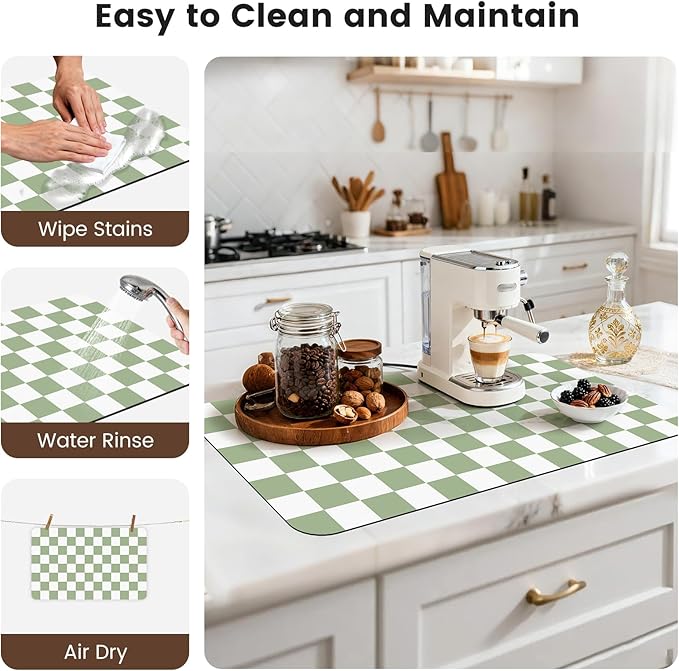 17" x 32" Checkered Dish Drying Mat for Kitchen Counter, Absorbent Coffee Bar Mat for Espresso Machine Coffee Countertops Accessories, Sage