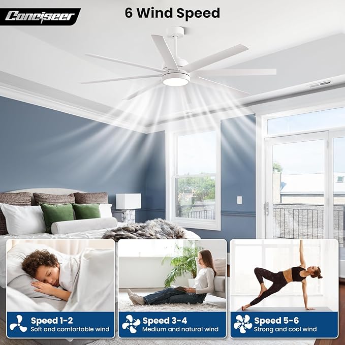Modern Ceiling Fans with Lights, 65 Inch Ceiling Fan with Light and Remote for Bedroom Living Room Kitchen Office, Indoor/Outdoor Use, 24W 6CCT 8 Blades 6 Speed Reversible Quiet DC Motor, White