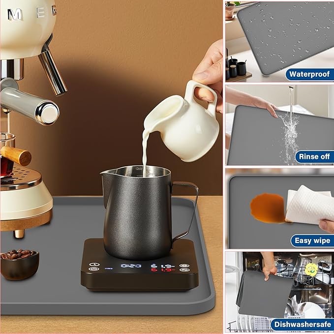 Silicone Coffee Maker Mat- Espresso coffee bar Mat accessories19"*12" - Convex Design, Leak-Proof and Non-Slip, Suitable for Use Under the Coffee Machine to Keep the Countertop Clea（Grey）