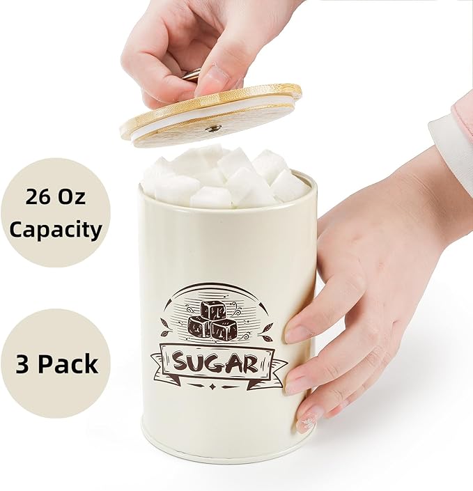 Covzoe 3 Pack Small Canisters for Kitchen, 26 Oz Metal Coffee Sugar Tea Canisters Set with Airtight Bamboo Lids, Mini Food Storage Containers Jars for Tea, Flour, Cookies, Spices, Countertop