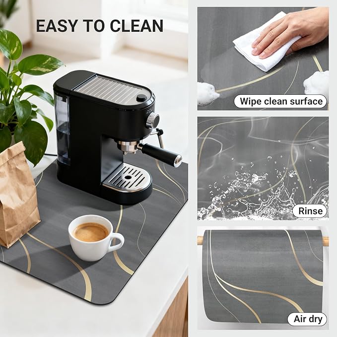 Coffee Mat 19x12 Inch, Irregular Black Streamline Coffee Pot Mat, Absorbent Hide Stain Rubber Backed Dish Drying Mat for Kitchen Counter, Bar Mat for Countertops,Under Coffee Machine Espresso Staion