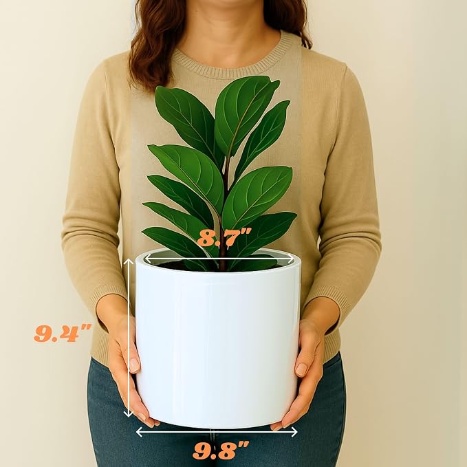Fox & Fern Large Indoor Planter, Modern Large Plant Pot for Indoor or Outdoor, UV and Frost Resistant - 10 Inch, Glossy White Flower Pot with Drainage Plug, Lightweight