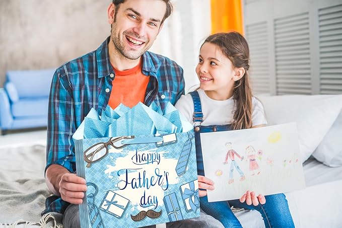 Jaywayang 15.7" Extra Large Happy Father's Day Gift Bag with Card and Tissue Paper (Blue Diamond Grid)