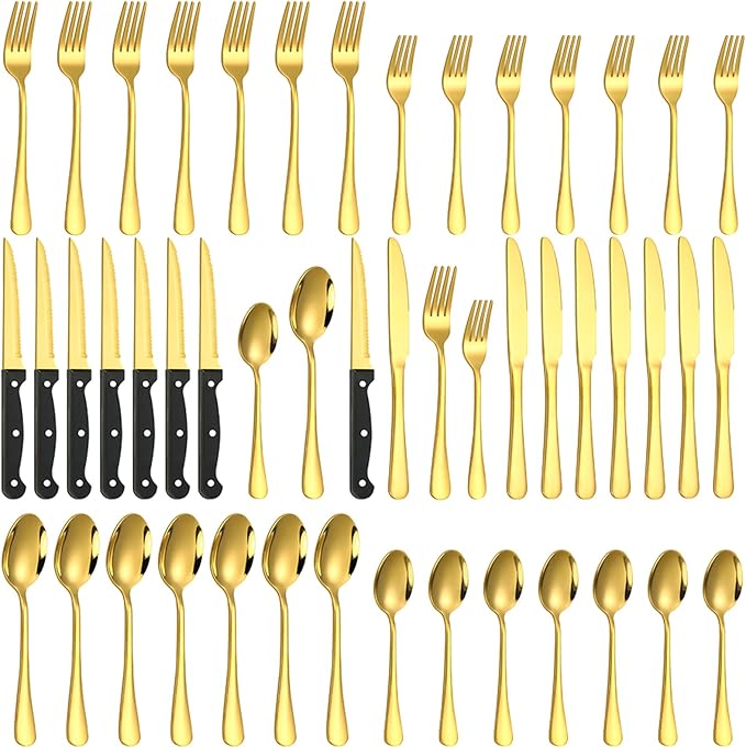 48-Piece Gold Silverware Set with Steak Knives Gold Stainless Steel Flatware Set for 8 Food Grade Tableware Cutlery Set Rust-proof, Mirror Polished, Dishwasher Safe