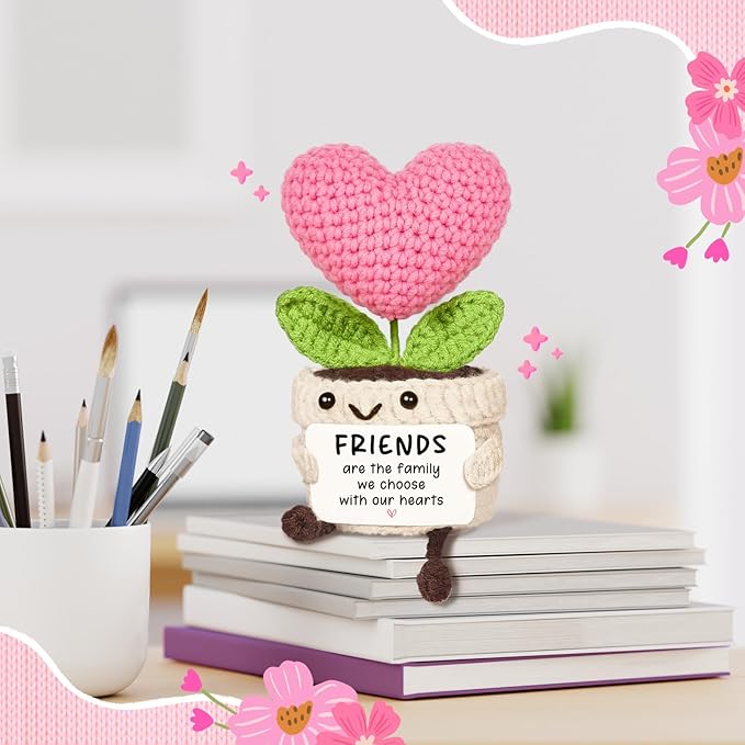 Friend Gifts for Women, Mini Handmade Crochet Pink Heart Flower, Cute Birthday Gifts for Women, Friendship Gift for Woman, Bestie, BFF, Best Friend