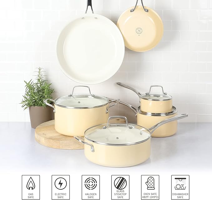 Martha Stewart Lockton Premium Nonstick PFA Free Ceramic Interior 10 Piece Enamel Heavy Gauge Aluminum Pots and Pans Cookware Set - Butter Cream