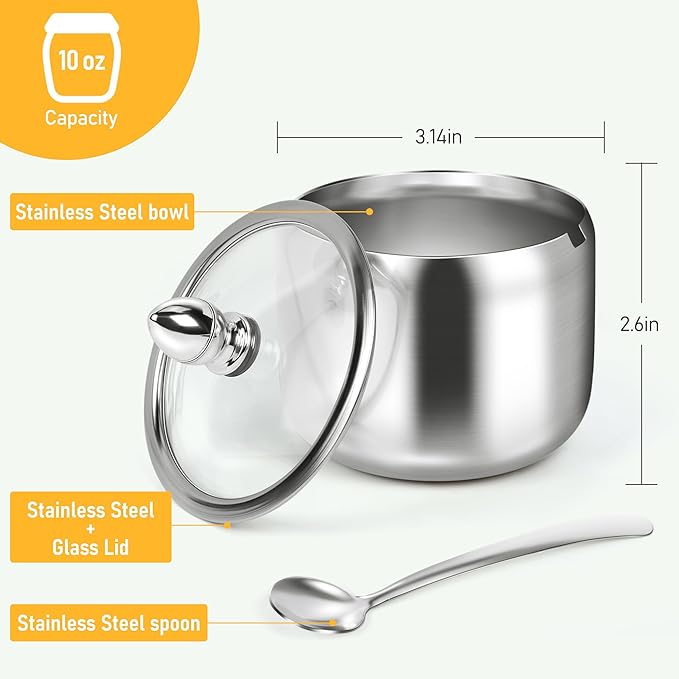 holoith Sugar Container with Glass Lid and Spoon - 10oz Stainless Steel Sugar Bowl for Coffee Bar Station Accessories Kitchen Storage for Salt, Candy, Coffee Bean (Silver)
