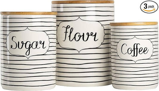10 Strawberry Street Labeled Ceramic Kitchen Canister Set, Set of 3, Coffee Sugar Flour, White/Black, Bamboo Lids