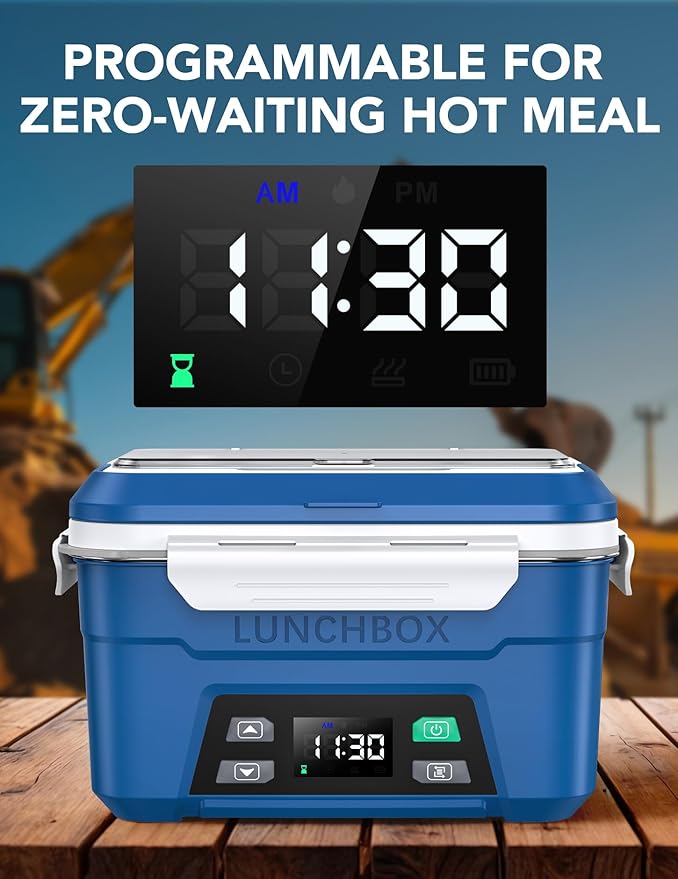 EAST OAK XL 6.3 Cups Cordless Electric Lunch Box for Adults, Heated Lunch Box Battery Powered with Automatic Heating, Portable Food Warmer with Removable Tray Divider