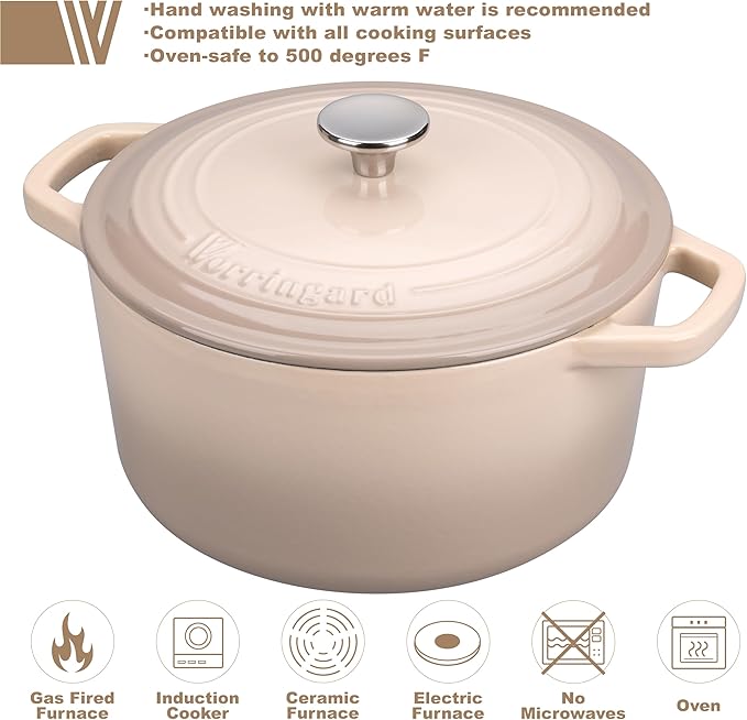 VORRINGARD Enameled Cast Iron Dutch Oven Pot with Lid, for Bread Baking, Round Bread Oven- include Sourdough Bread Baking Supplies Set, 4.5QT, Latte