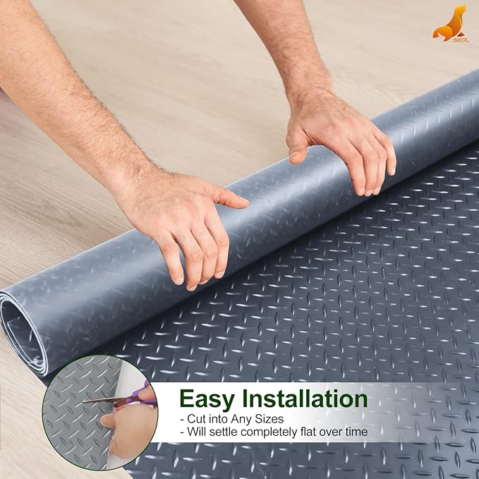 SEAL 4 x 10 Ft Premium Garage Floor Mat, Solid 2.8mm Thick Lay-Flat Gray Commercial Grade Heavy Duty Parking Mat for Garage Floor, Golf Cart, Water/Stain Resistant Runner (Embossed Diamond Plate)