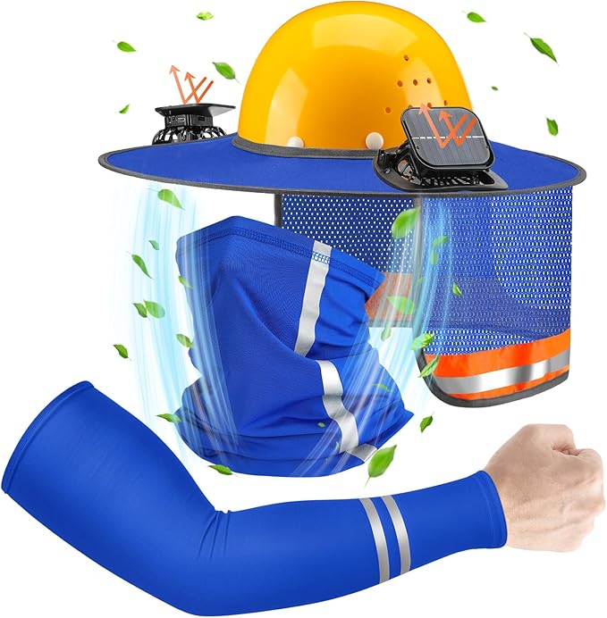 1 Set Sun Hard Hat Shade Full Brim Hard Hat Sun Visor with 2 Solar Fans and Neck Sunshade Cover UV Reflective Strap Arm Sleeves for Construction Workers Outdoor Protection(Blue)