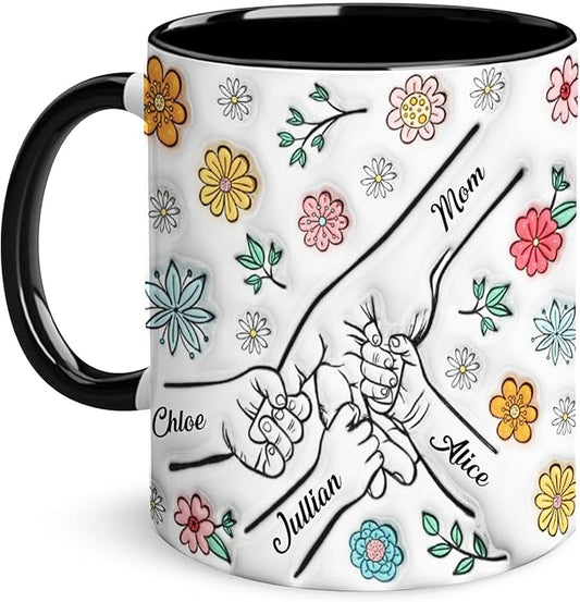 LOVELYPOD Personalized Mom Coffee Mug With Kids Names, You Hold Our Hands Also Our Hearts Mug, Coffee Cup for Mom, Mothers Day Mugs, Custom Mama Gifts, Customized Mothers Day Gifts 01