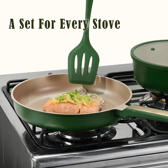 CAROTE Pots and Pans Set Non stick, 18pcs NonStick Kitchen Set Induction Cookware Non-toxic Cooking Set, Dishwasher/Oven Safe,Cookware Set,Green