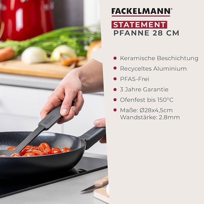 Fackelmann STATEMENT 28cm Frying Pan, Recycled Aluminium, Non-Stick PFAS Free Ceramic Coating, Honeycomb Base Structure, Comfort Grip Handle, All Stoves Including Induction, 46.5x28x4.5cm, Ash Grey