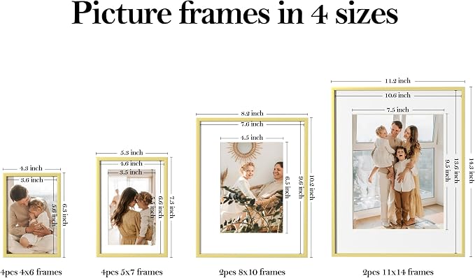 eletecpro Aluminum Gallery Wall Frame Set of 12 with Glass Cover, Gold | Including 2Pcs 11x14, 2Pcs 8x10, 4Pcs 5x7, 4Pcs 4x6 Photo Frames, Multiple Sizes Picture Frames Collage Wall Decor, Tabletop