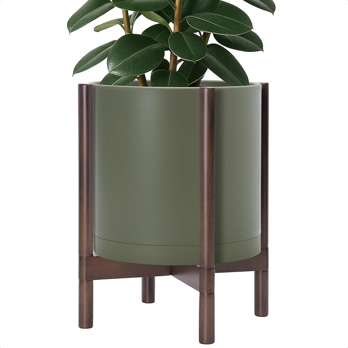 D'vine Dev Plastic Pot with Walnut Wood Stand, Olive, 14 in, 55-C-R-4 | Mid-Century Inspired Design, Elevated Plant Display, Clean Lines, Sturdy Support, Modern Space-Saving Style