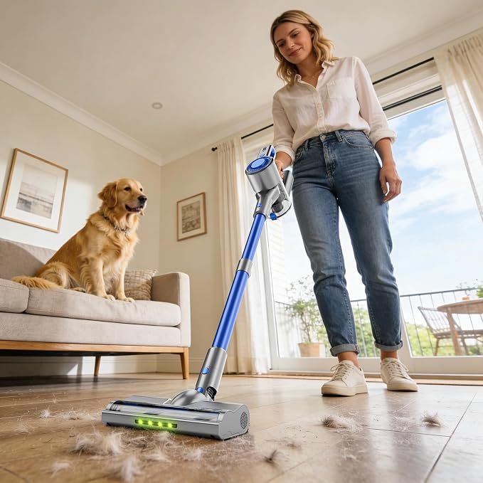 Cordless Vacuum Cleaner for Home, Powerful Stick Vacuum with Rechargeable Battery, Green Light Anti-Tangle Brush, 6-in-1 Lightweight Handheld Vacuum for Pet Hair, Hard Floor, Carpet, Blue