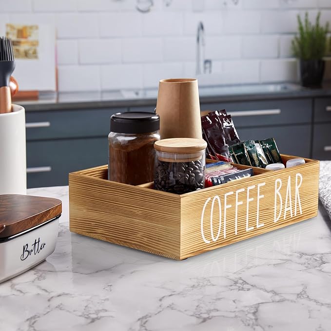 ALELION Brown Coffee Station Organizer - Wood Coffee Bar Accessories Organizer with Removable Dividers for Pods Condiment Syrup Tea Cups Stirrers - for Farmhouse Coutertop Decor
