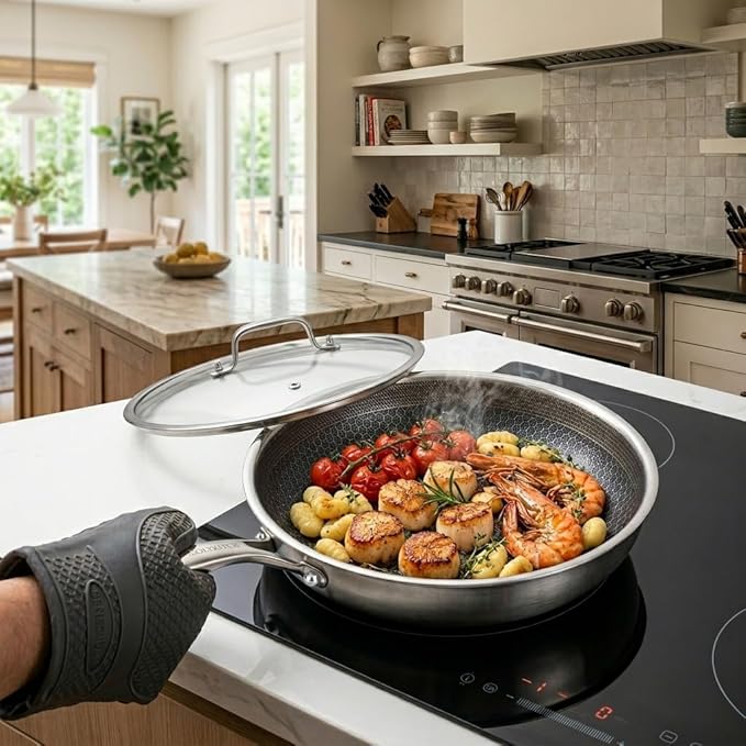 LOLYKITCH 8.5 Inch Tri-ply Hybrid Stainless Steel Non-Stick Sauté Pan with Lid,Skillet,Induction Frying Pan,Skillet,Dishwasher and Oven Safe,Riveted Handle.