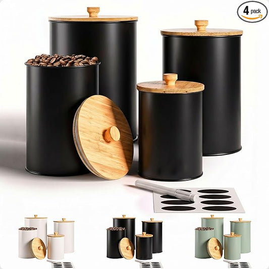 Kitchen Canisters for Countertop Set of 4 with Customizable Chalkboard Labels & Marker Pen - Big Iron Kitchen Canisters with Airtight Lids - Black Canister Set - Flour and Sugar Containers Farmhouse