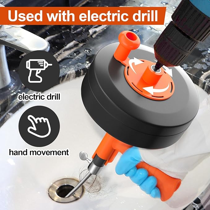 35ft Drain Snake Auger, Plumbing Snake With Drill Adapter, Heavy Duty Flexible Sink Steel Plumbing Auger Bathroom Hair Clog Removal Tool, Manual Or Powered - No auto retract or feed