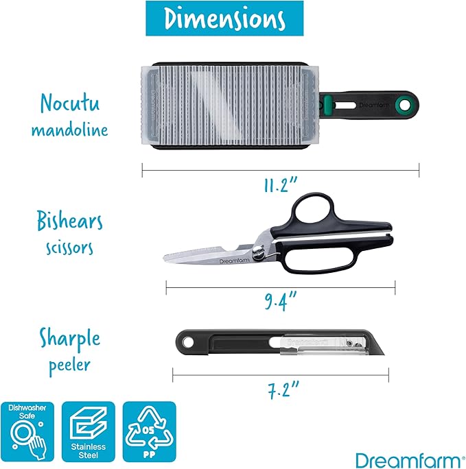 Dreamfarm Kitchen Cutting/Slicing Set – Nocutu, Bishears, Sharple – Mandoline with Flexible Finger Guard, 2‑in‑1 Scissors & Bone Cutter Herb Stripper, Self‑Sharpening Peeler – Stainless Steel Tools