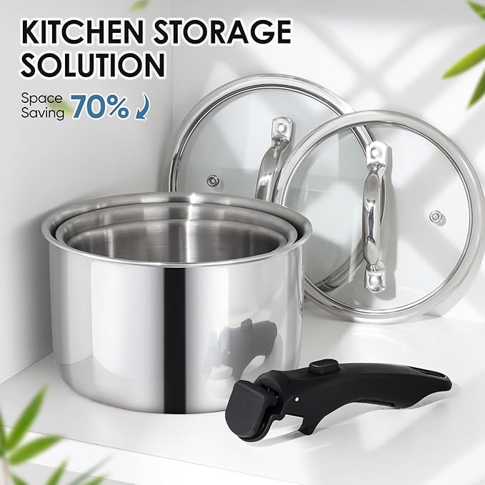 Walchoice 9pcs Stainless Steel Cookware Set, Tri-Ply Sauce Pans Set with Detachable Handle, Induction Pots Cooking Set for RV, Camping, Kitchen, Oven & Dishwasher Safe