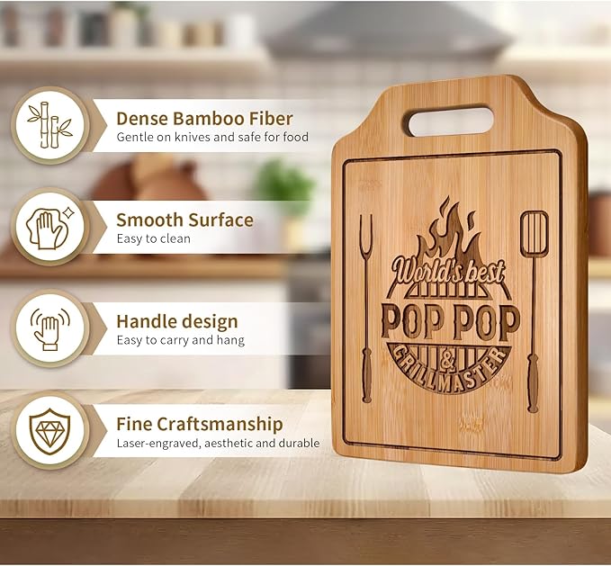 AceThrills Pop Pop Gifts for Pop Pop Christmas Gifts for Birthday, Fathers Day - 12.2"L × 8.7"W × 0.4"Th Engraved Bamboo Cutting Board