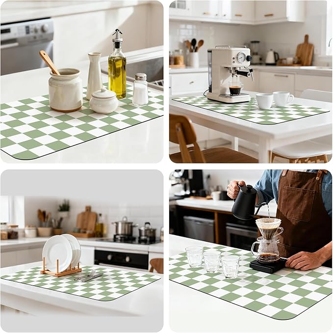 17" x 32" Checkered Dish Drying Mat for Kitchen Counter, Absorbent Coffee Bar Mat for Espresso Machine Coffee Countertops Accessories, Sage