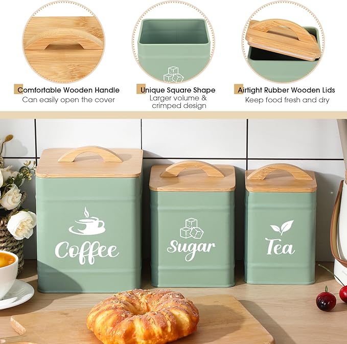 Maxdot 3 Set Coffee Sugar Tea Containers, Square Airtight Kitchen Canisters Storage Ground Organization with Bamboo Lids Rustic Metal Jars for Coffee Bar Beans, Tea Leaves, Food, Countertop(Turquoise)